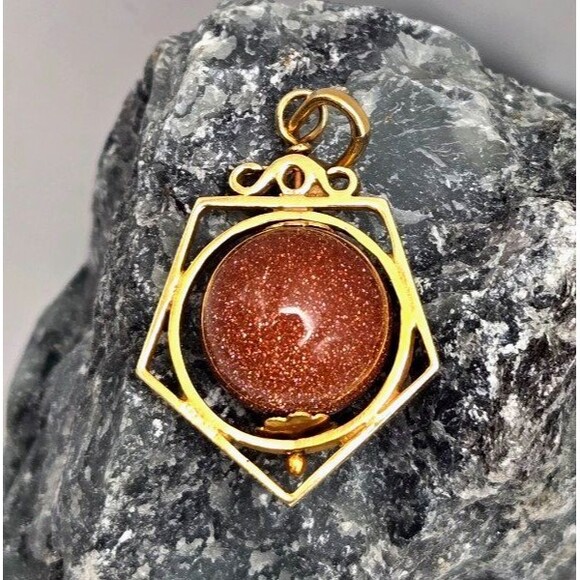 Vintage 1970s 18K Gold Modernist Suspended Orb Pendant w/ Goldstone Spins Freely - Picture 1 of 6